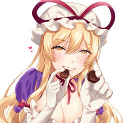 Rule 34 | 1girl, blonde hair, blush, breasts, candy, chocolate, chocolate heart, cleavage, dress, food, gloves, grin, hat, hat ribbon, heart, highres, holding, holding chocolate, holding food, kirisita, long hair, looking at viewer, mob cap, neck ribbon, purple dress, ribbon, smile, solo, touhou, valentine, white background, white gloves, yakumo yukari, yellow eyes