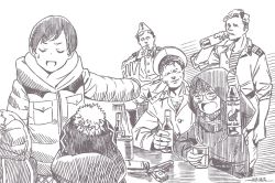 Rule 34 | 3boys, 4girls, alcohol, beanie, bottle, brown theme, character request, closed eyes, coat, dated, dog tags, drinking, drunk, from behind, glasses, hat, horikou, jacket, long sleeves, military, military jacket, military uniform, monochrome, multiple boys, multiple girls, peaked cap, real life, shima rin, short hair, signature, smile, soldier, soviet, soviet army, sweatdrop, uniform, yurucamp