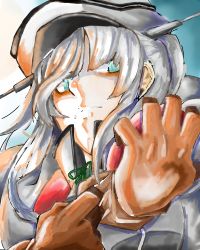 Rule 34 | 10s, 1girl, bad id, bad pixiv id, blue eyes, gloves, graf zeppelin (kancolle), hat, highres, kantai collection, putting on gloves, rigging, sanada goki, silver hair, simple background, sketch, solo, uniform