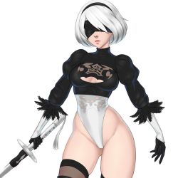 Rule 34 | 1girl, 2b (nier:automata), aesdev3, black blindfold, black hairband, blindfold, boots, breasts, cleavage cutout, clothing cutout, cowboy shot, dress, expressionless, facing viewer, feather-trimmed sleeves, gloves, groin, hairband, heattech leotard, hip focus, holding, holding sword, holding weapon, leotard, looking at viewer, medium breasts, nier:automata, nier (series), no pants, short hair, skindentation, skirt, solo, sword, thigh boots, thighhighs, thighs, torn clothes, torn dress, turtleneck, unworn skirt, weapon, white leotard