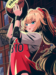 Rule 34 | 1girl, :d, akai haato, arms up, ball, basketball, basketball (object), basketball court, basketball uniform, blonde hair, blue eyes, blush, chain-link fence, commentary request, fence, fingerless gloves, gloves, grey shirt, hair ornament, hair ribbon, hairpin, highres, holding, holding ball, hololive, long hair, magowasabi, nail polish, open mouth, outdoors, ponytail, ponytail holder, red nails, red ribbon, red vest, ribbon, shirt, signature, smile, solo, sportswear, standing, twitter username, upper body, very long hair, vest, virtual youtuber