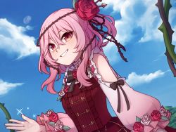 Rule 34 | 1girl, blue sky, bow, bowtie, clothing cutout, cloud, commentary, day, dress, english commentary, female focus, flower, frills, hair between eyes, hair flower, hair ornament, lolita fashion, long hair, long sleeves, looking at viewer, nijisanji, nijisanji en, outdoors, pink hair, plant, puffy long sleeves, puffy sleeves, red dress, red eyes, rose, rosemi lovelock, rosemi lovelock (1st costume), shoulder cutout, sidelocks, sky, smile, solo, speckticuls, thorns, two side up, upper body, vines, virtual youtuber