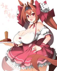Rule 34 | 1girl, :d, akazawa red, animal ears, bare shoulders, bow, breasts, carrot, choker, cleavage, collarbone, commentary request, cosplay, daiwa scarlet (umamusume), di gi charat, dice hair ornament, hair bow, hair intakes, hair ornament, hand on own hip, highres, holding, holding plate, horse ears, horse girl, horse tail, large breasts, long hair, looking at viewer, open mouth, plate, red bow, red choker, red eyes, red hair, red ribbon, ribbon, ribbon choker, simple background, smile, solo, tail, thighs, tiara, twintails, twitter username, umamusume, usada hikaru, usada hikaru (cosplay), white background