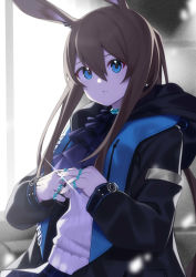 Rule 34 | 1girl, amiya (arknights), arknights, black coat, blue eyes, blurry, brown hair, coat, commentary request, depth of field, e draw paint, hair between eyes, highres, hood, hooded coat, jewelry, long hair, long sleeves, looking at viewer, parted lips, ponytail, rabbit girl, ring, sidelocks, solo