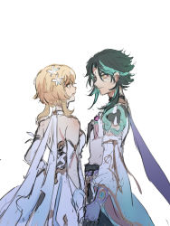 Rule 34 | 1boy, 1girl, ahoge, armor, back, bare back, bare shoulders, black hair, blonde hair, detached sleeves, dress, facial mark, flower, forehead mark, genshin impact, green hair, hair flower, hair ornament, holding hands, lillianxy417, looking at another, lumine (genshin impact), multicolored hair, scarf, short hair with long locks, shoulder armor, shoulder spikes, simple background, single detached sleeve, sketch, spikes, two-tone hair, white background, white dress, white scarf, xiao (genshin impact), yellow eyes