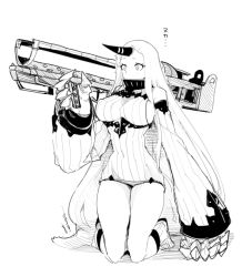 Rule 34 | 10s, 1girl, abyssal ship, boots, breasts, claws, collar, covered mouth, detached sleeves, dress, fallout (series), fallout 4, greyscale, horns, kantai collection, kneeling, large breasts, long hair, mizusaki (tengoku), monochrome, navel, nuclear weapon, ribbed dress, rocket launcher, seaport princess, short dress, single horn, solo, translation request, very long hair, weapon