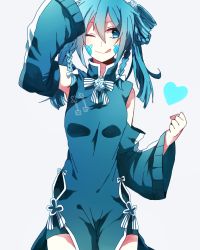 Rule 34 | 1girl, ;p, adapted costume, blue eyes, blue hair, china dress, chinese clothes, dress, ene (kagerou project), heart, highres, kagerou project, long hair, matching hair/eyes, moi (mo i45), one eye closed, side slit, solo, tongue, tongue out, twintails, vocaloid, yamaha