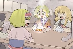Rule 34 | 4koma, alice margatroid, black vest, blonde hair, blue dress, bow, braid, brown shirt, capelet, closed eyes, comic, commentary request, cookie (touhou), drddrddo, dress, fire, frilled hairband, frills, glowing hot, green eyes, hair bow, hairband, highres, ichigo (cookie), indoors, joker (cookie), kirisame marisa, medium bangs, menu, mizuhashi parsee, nazrin, nyon (cookie), open mouth, oshibori, parted bangs, pointy ears, puffy short sleeves, puffy sleeves, red bow, red hairband, red sash, restaurant, sash, scarf, shirt, short hair, short sleeves, side braid, single braid, sitting, smile, smoke, star (symbol), suzu (cookie), table, touhou, towel, upper body, vest, white capelet, white scarf, white shirt