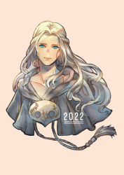 Rule 34 | 1girl, blue eyes, cropped torso, final fantasy, final fantasy xiv, highres, long hair, looking at viewer, mask, mask around neck, moogie (shinjyu), robe, solo, twitter username, upper body, venat (ff14), white hair, white robe, yellow background