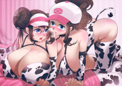 Rule 34 | 2girls, alternate breast size, animal print, armpits, arms up, bikini, blue eyes, blurry, blurry background, blush, breasts, covered erect nipples, cow print, creatures (company), game freak, hair between eyes, hat, hilda (pokemon), looking at another, multiple girls, nintendo, on bed, pokemon, pokemon bw, pokemon bw2, rosa (pokemon), shiny skin, string bikini, sumisumii, swimsuit, thighhighs, thighs, tongue, tongue out, yuri