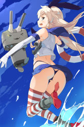 Rule 34 | &gt; &lt;, 10s, 1girl, anchor hair ornament, ass, bare shoulders, black panties, blonde hair, blue sky, cannon, closed eyes, clothes lift, day, elbow gloves, gloves, grey eyes, hair ornament, hair ribbon, highleg, highleg panties, kaisen chuui, kantai collection, lifebuoy, long hair, looking at viewer, looking back, midriff, miniskirt, ocean, open mouth, panties, rensouhou-chan, ribbon, shimakaze (kancolle), shirt, skindentation, skirt, skirt lift, sky, sleeveless, sleeveless shirt, striped clothes, striped thighhighs, swim ring, thighhighs, thong, underwear, upskirt, very long hair, white gloves, wind, wind lift