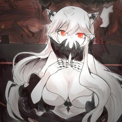 Rule 34 | 10s, 1girl, abyssal ship, bad id, bad twitter id, breasts, cleavage, colored skin, covered mouth, dress, horns, itomugi-kun, kantai collection, large breasts, long hair, midway princess, pale skin, red eyes, solo, veins, very long hair, white dress, white hair, white skin