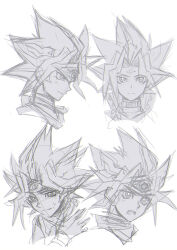 Rule 34 | 1boy, belt collar, bracelet, bright pupils, closed mouth, collar, cropped shoulders, frown, gokunobaka, grimace, jewelry, male focus, monochrome, multiple views, open mouth, simple background, sketch, spiked hair, white pupils, yami yugi, yu-gi-oh!, yu-gi-oh! duel monsters