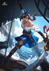 1girl angry battle black_bandages blue_ribbon blue_skirt boots breasts brown_hair cannon chain cleavage cloud commentary cutlass earrings english_commentary full_body glint gold_chain gold_trim highres hoop_earrings jewelry johnny_azad leather_belt medium_breasts mountain original pirate pirate_ship ponytail rabbit_symbol red_eyes ribbon rope signature skirt smoke smoke_trail splashing sweater swinging water white_sweater