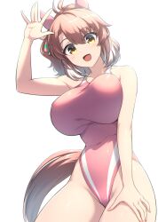Rule 34 | 1girl, animal ears, breasts, brown eyes, brown hair, commentary request, competition swimsuit, covered navel, cowboy shot, dantsu flame (umamusume), highleg, highleg swimsuit, highres, horse ears, horse girl, horse tail, large breasts, one-piece swimsuit, pataneet, pink one-piece swimsuit, short hair, simple background, solo, swimsuit, tail, umamusume, white background