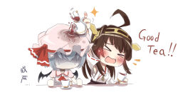 Rule 34 | &gt; &lt;, 10s, 2girls, ahoge, bad id, bad pixiv id, bare shoulders, blue hair, blush, brown hair, crossover, cup, detached sleeves, english text, closed eyes, hairband, hat, headgear, highres, japanese clothes, kantai collection, kongou (kancolle), long hair, long sleeves, multiple girls, nontraditional miko, open mouth, pouring, remilia scarlet, ribbon trim, shaded face, short hair, sweat, tanto (tc1995), tc1995, tea, teacup, teapot, touhou, trait connection, white background, wide sleeves