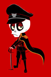 Rule 34 | 1boy, cape, full body, hat, male focus, military, military hat, military uniform, red background, ruby gloom, simple background, skeleton, skull, skull boy (ruby gloom), solo, sword, uniform, weapon