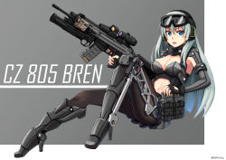 Rule 34 | 1girl, absurdres, ammunition pouch, aqua hair, armored boots, assault rifle, blue eyes, boots, breasts, character name, cleavage, cleavage cutout, clothing cutout, cz-805, cz-805 (girls&#039; frontline), cz 805 bren, exoskeleton, girls&#039; frontline, goggles, goggles on head, grenade launcher, gun, hair between eyes, headset, high heels, highres, holding, holding gun, holding weapon, knee up, long hair, magazine (weapon), medium breasts, navel, ndtwofives, night-vision device, open mouth, pantyhose, pleated skirt, pouch, rifle, scope, sidelocks, skirt, solo, trigger discipline, twitter username, two-tone background, underbarrel grenade launcher, weapon