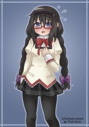 Rule 34 | 1girl, aged down, akemi homura, artist name, beige vest, black hair, black hairband, black pantyhose, black skirt, blue background, blue outline, blush, bow, braid, breasts, cheesecakee, collared shirt, commentary, ears visible through hair, english commentary, flying sweatdrops, glasses, hair between eyes, hair bow, hairband, highres, long sleeves, mahou shoujo madoka magica, mitakihara school uniform, open mouth, outline, pantyhose, patreon username, plaid, plaid skirt, puffy long sleeves, puffy sleeves, purple bow, purple eyes, red-framed eyewear, red bow, school uniform, semi-rimless eyewear, shiny clothes, shiny legwear, shirt, sidelocks, skirt, small breasts, solo, tareme, teeth, tongue, twin braids, upper teeth only, vest, white shirt