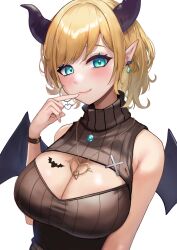 Rule 34 | 1girl, aqua eyes, bare shoulders, bat tattoo, blonde hair, breast tattoo, breasts, brown sweater, cleavage cutout, clothing cutout, demon girl, demon horns, demon wings, earrings, finger to mouth, heart, heart necklace, highres, hololive, horns, jewelry, large breasts, looking at viewer, mismatched earrings, necklace, numaduke, pointy ears, short hair, simple background, sleeveless, sleeveless sweater, solo, sweater, tattoo, turtleneck, turtleneck sweater, upper body, virtual youtuber, watch, white background, winged heart, wings, wristwatch, yuzuki choco, yuzuki choco (streetwear)