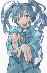 Rule 34 | 1girl, absurdres, blue eyes, blue hair, blue jacket, commentary, dot nose, ene (kagerou project), foreshortening, grey background, haxinssy, headphones, highres, jacket, kagerou project, long hair, looking at viewer, open mouth, outstretched arms, popped collar, reaching, reaching towards viewer, simple background, smile, solo, track jacket, twintails, upper body, wide sleeves