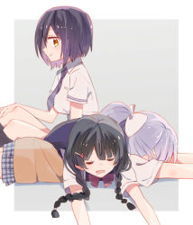 Rule 34 | 3girls, black hair, border, bow, bowtie, braid, brown sweater, closed eyes, closed mouth, clothes around waist, collared shirt, commentary request, drooling, grey background, grey skirt, hair bow, hair ornament, hairclip, higuchi kaede, higuchi kaede (3rd costume), jk gumi (nijisanji), long hair, looking at viewer, lying, lying on person, multiple girls, necktie, nijisanji, on stomach, open mouth, plaid, plaid skirt, ponytail, profile, purple hair, purple neckwear, red neckwear, school uniform, shirt, shizuka rin, shizuka rin (3rd costume), short hair, short sleeves, sideways glance, simple background, sitting, skirt, sleeping, smile, sou (tuhut), sweater, sweater around waist, tsukino mito, tsukino mito (3rd costume), twin braids, virtual youtuber, white border, white bow, white shirt