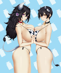 Rule 34 | 2girls, animal ears, animal print, bell, bikini, black hair, blueorca, blush, breast press, breasts, brown eyes, choker, closed mouth, cow ears, cow horns, cow print, cow tail, from above, from side, highres, holding hands, horns, huge breasts, large breasts, long hair, looking at viewer, micro bikini, mole, mole under mouth, multiple girls, neck bell, original, parted lips, pendant choker, purple eyes, short hair, side-tie bikini bottom, strap gap, swimsuit, symmetrical docking, tail