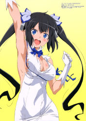 Rule 34 | 10s, 1girl, absurdres, anno masato, arm up, armpits, black hair, blue eyes, blue ribbon, breasts, cleavage, dress, dungeon ni deai wo motomeru no wa machigatteiru darou ka, female focus, gloves, hair ornament, hair ribbon, hestia (danmachi), highres, large breasts, long hair, megami magazine, official art, open mouth, rei no himo, ribbon, ribs, simple background, smile, solo, twintails, white dress, white gloves