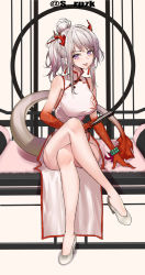 Rule 34 | 1girl, :p, arknights, artist name, bare legs, bare shoulders, bead bracelet, beads, bracelet, breasts, china dress, chinese clothes, commentary, crossed legs, dress, grey background, hair bun, has bad revision, has cropped revision, high heels, highres, holding, horns, jewelry, large breasts, long hair, looking at viewer, nian (arknights), nian (unfettered freedom) (arknights), official alternate costume, pointy ears, red background, sidelocks, silver hair, single hair bun, sitting, sleeveless, sleeveless dress, smile, solo, srpzk, tail, thighs, tongue, tongue out, twitter username, white dress, white footwear