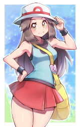 Rule 34 | 1girl, armpits, bag, black wristband, blue shirt, border, brown eyes, brown hair, bucket hat, closed mouth, commentary, creatures (company), game freak, hair flaps, hand on own hip, hand up, hat, highres, leaf (pokemon), long hair, looking at viewer, messenger bag, nintendo, pleated skirt, pokemon, pokemon frlg, red skirt, shirt, shoulder bag, skirt, sleeveless, sleeveless shirt, smile, solo, thighs, vs seeker, white border, white hat, wristband, yasu suupatenin, yellow bag