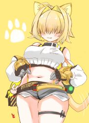 Rule 34 | 1girl, :3, ahoge, black gloves, black sports bra, blonde hair, blush, breasts, closed mouth, clothing cutout, crop top, crop top overhang, cropped sweater, elegg (nikke), exposed pocket, fang, gloves, goddess of victory: nikke, grey shorts, hair intakes, hair over eyes, hands on own stomach, highres, large breasts, long bangs, long sleeves, micro shorts, multicolored clothes, multicolored gloves, multicolored hair, navel, plump, short hair, shorts, shoulder cutout, solo, sports bra, suicapenginm, suspender shorts, suspenders, thigh strap, thighs, two-tone hair, yellow gloves