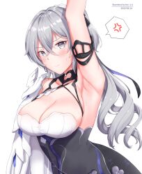 Rule 34 | 1girl, 2022, anger vein, arm up, armpits, artist name, breasts, bronya zaychik, bronya zaychik (silverwing: n-ex), cleavage, closed mouth, dated, dress, drill hair, earrings, grey eyes, grey hair, highres, honkai (series), honkai impact 3rd, jewelry, large breasts, long hair, looking at viewer, presenting armpit, simple background, solo, spoken anger vein, twin drills, uki (kiw kiu), upper body, very long hair, white background, white dress