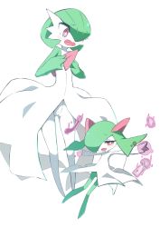 Rule 34 | 2girls, armpits, arms up, blush, bob cut, bright pupils, colored skin, creatures (company), fang, female focus, flat chest, full body, game freak, gardevoir, gen 3 pokemon, gluteal fold, green hair, green skin, hair over one eye, half-closed eyes, hands on own chest, hands up, happy, highres, hitachi magic wand, kirlia, looking at viewer, m3 (gardevoir m3), medium hair, multicolored skin, multiple girls, nintendo, one eye covered, open mouth, outstretched arms, pokemon, pokemon (creature), pussy, red eyes, sex toy, short hair, sidelocks, simple background, skin fang, smile, standing, telekinesis, two-tone skin, uncensored, vibrator, white background, white pupils, white skin