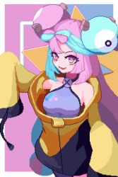 Rule 34 | 1girl, border, brodall pixel, character hair ornament, commentary request, creatures (company), eyelashes, game freak, green hair, grey shirt, hair ornament, highres, iono (pokemon), jacket, long hair, multicolored hair, nintendo, open mouth, outside border, pink hair, pixel art, pokemon, pokemon sv, shirt, sleeveless, sleeveless shirt, sleeves past fingers, sleeves past wrists, smile, solo, teeth, two-tone hair, white border, yellow jacket