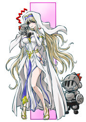 Rule 34 | 1boy, 1girl, bare legs, black blindfold, blindfold, blonde hair, blush, breasts, chibi, clothing cutout, goblin slayer, goblin slayer!, grey armor, grey helmet, habit, helmet, high heels, highres, holding, holding shield, holding stuffed toy, large breasts, long hair, shield, side cutout, smile, stuffed toy, sword maiden, taiga hiroyuki, two-tone background, very long hair, visor (armor)