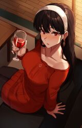 Rule 34 | 1girl, :o, absurdres, alcohol, arm support, black hair, black pantyhose, blush, collarbone, couch, cup, drinking glass, drunk, earrings, from above, glass, hairband, hand up, highres, holding, holding cup, indoors, jewelry, long hair, long sleeves, nasubin (nasubisamurai15), pantyhose, red sweater, revision, single bare shoulder, solo, spy x family, sweater, table, white hairband, wine, wine glass, wooden floor, yor briar