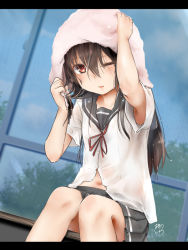 Rule 34 | 1girl, akino shuu, arm up, armpits, blue sky, brown hair, cloud, collarbone, commentary request, day, drying, drying hair, grey sailor collar, grey skirt, hair between eyes, hand up, indoors, iroha kaede, letterboxed, long hair, looking at viewer, navel, neck ribbon, one eye closed, original, parted lips, pleated skirt, red eyes, red ribbon, ribbon, sailor collar, see-through, shirt, signature, sitting, skirt, sky, solo, towel, towel on head, wet, wet clothes, wet hair, wet shirt, white shirt, window