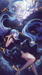 Rule 34 | 1girl, absurdly long hair, absurdres, bare arms, bare legs, barefoot, black bow, black dress, blue eyes, blue hair, bow, dress, fish, floating hair, hair bow, hatsune miku, highres, long hair, mio4moon, parted lips, shinkai shoujo (vocaloid), sleeveless, sleeveless dress, solo, twintails, underwater, very long hair, vocaloid