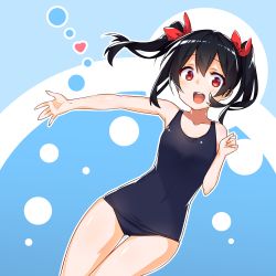 Rule 34 | 10s, 1girl, :d, ascii media works, black hair, blue one-piece swimsuit, bow, bubble, clenched hand, engawa (rarenago), facing viewer, flat chest, gluteal fold, hair bow, heart, love live!, love live! school idol project, one-piece swimsuit, open mouth, outline, outstretched arm, red bow, red eyes, school swimsuit, school swimsuit flap, smile, solo, swimsuit, teeth, thigh gap, twintails, upper teeth only, white outline, yazawa nico