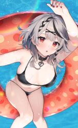 Rule 34 | 1girl, absurdres, bare shoulders, bikini, black hair, blush, braid, breasts, collar, floating, floating object, grey hair, hair ornament, haru (re ilust), highres, hololive, large breasts, looking at viewer, medium hair, multicolored hair, nail polish, open mouth, red eyes, red nails, sakamata chloe, solo, streaked hair, swimsuit, virtual youtuber, water, x hair ornament