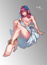Rule 34 | 1girl, anklet, barefoot, bracelet, breasts, collarbone, dated, feet, flower, gradient background, hair flower, hair ornament, highres, jewelry, l.k, legs, lips, long hair, magi the labyrinth of magic, morgiana, nipples, purple eyes, purple hair, signature, small breasts, smile, solo, toes, topless