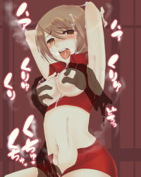 Rule 34 | arms up, blush, breasts, brown eyes, brown hair, cum, highres, large breasts, meiko (vocaloid), midriff, nipples, open mouth, short hair, tears, translation request, unzipped, vocaloid
