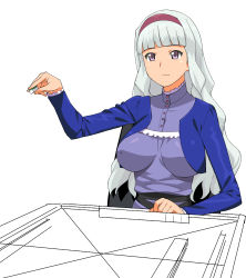 Rule 34 | 1girl, a1 (initial-g), absurdres, board game, breasts, hairband, highres, holding, holding mahjong tile, idolmaster, idolmaster (classic), large breasts, long hair, mahjong, mahjong tile, non-web source, playing games, purple eyes, shijou takane, sketch, solo, white hair