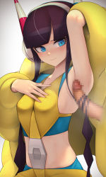 Rule 34 | 1girl, armpit sex, armpits, arms up, bare shoulders, black hair, blue eyes, blunt bangs, breasts, censored, closed mouth, creatures (company), disembodied penis, down jacket, elesa (pokemon), game freak, gym leader, hairjob, hand on own chest, headphones, highres, jacket, kashu (hizake), long hair, looking at penis, midriff, mosaic censoring, nintendo, penis, pokemon, pokemon bw2, solo, sweat, twintails, very long hair