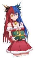 Rule 34 | 1girl, bell, belt, blue eyes, blue hair, blue horns, blush, box, breasts, bright pupils, choker, christmas, commission, commissioner upload, dragon girl, dragon horns, dress, female focus, gift, gift box, gift wrapping, heterochromia, highres, holding, horns, inferna dragnis (xoldrek), large breasts, long hair, looking at viewer, monster girl, multicolored hair, multicolored horns, neck bell, pale skin, red hair, red horns, santa costume, simple background, smile, solo, split-color hair, symbol-shaped pupils, two-tone hair, upper body, usagi1923, vambraces, white background, white pupils