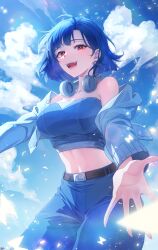 Rule 34 | 1girl, absurdres, bare shoulders, belt, black belt, blue hair, blue jacket, blue pants, blue sky, blue tube top, breasts, cloud, earrings, fangs, headphones, headphones around neck, highres, jacket, jewelry, large breasts, lilpa, looking at viewer, midriff, off shoulder, official alternate costume, open clothes, open jacket, open mouth, orange eyes, outstretched arms, pants, rething, short hair, sky, smile, solo, sparkle, strapless, tube top, waktaverse, wind