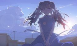 Rule 34 | 1girl, axleaki, bandaged arm, bandages, closed mouth, cloud, cloudy sky, collared shirt, cowboy shot, evening, floating hair, grey hair, highres, lens flare, long hair, looking at viewer, original, outdoors, own hands together, pleated skirt, power lines, purple eyes, shirt, short sleeves, sidelocks, skirt, sky, smile, solo, swept bangs, twintails, utility pole