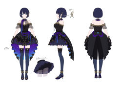 Rule 34 | 1girl, absurdres, black gloves, blue eyes, blue hair, breasts, character sheet, closed mouth, concept art, dark blue hair, dress, frilled dress, frills, full body, gloves, hair ornament, halter dress, halterneck, highres, looking at viewer, mairo, mary janes, medium breasts, multiple views, propro production, see-through, shiduki sena, shoes, short hair, simple background, solo, standing, thighhighs, virtual youtuber, white background