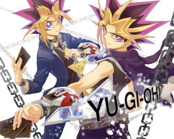 Rule 34 | 2boys, card, chain, copyright name, duel disk, dyed bangs, gakuran, holding, holding card, jacket, jacket on shoulders, male focus, multicolored hair, multiple boys, muto yugi, outstretched arm, playing card, purple eyes, school uniform, serious, spiked hair, yami yugi, yu-gi-oh!, yu-gi-oh! duel monsters, yu-gi-oh (card), yukiko (otome-doll)