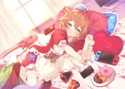 Rule 34 | 1girl, :d, apron, bad id, bad pixiv id, bag, bed sheet, blurry, blurry background, blush, braid, breasts, brown hair, cape, cellphone, center frills, commentary request, cup, cup ramen, curtains, day, depth of field, disposable cup, doughnut, dutch angle, food, frilled apron, frilled pillow, frills, green eyes, hair between eyes, hair over shoulder, hand up, heart, heart-shaped pillow, highres, hood, hood down, hooded cape, indoors, looking at viewer, lying, medium breasts, nijisanji, nintendo switch, no shoes, on side, open mouth, phone, pillow, plate, puffy short sleeves, puffy sleeves, red cape, red skirt, shirt, short sleeves, shoulder bag, skirt, smile, solo, sunlight, suzuhara (13yuuno), thighhighs, twin braids, virtual youtuber, waist apron, warabeda meiji, white apron, white shirt, white thighhighs, window